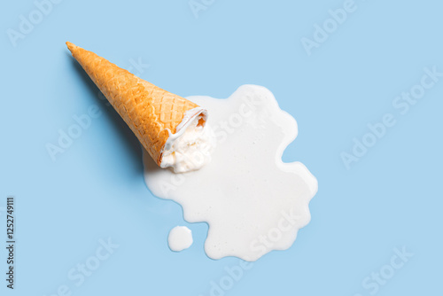 waffle cone with melted white ice cream