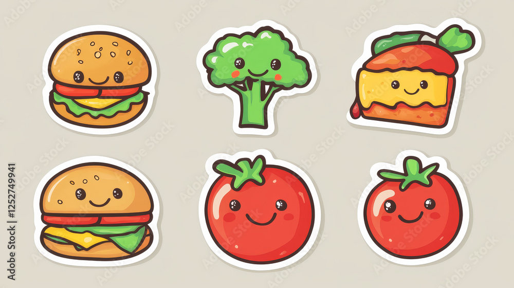 Crazy food retro stickers set isolated on background. Contemporary vector illustration of weird colorful broccoli and tomato vegetable, burger, ketchup and mustard characters. Psychedelic emoji Crazy food retro stickers set isolated on background. Contemporary vector illustration of weird colorful broccoli and tomato vegetable, burger, ketchup and mustard characters. Psychedelic emoji