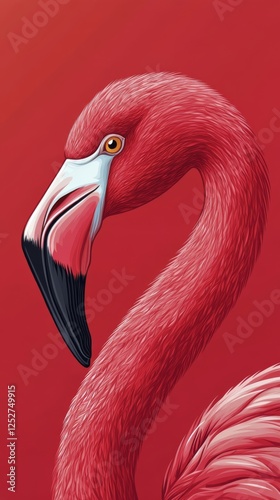 Vibrant embroidered flamingo design against a bold red background showcases a...