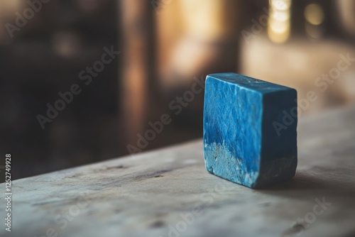 Decorative blue vase placed on a wooden table with autumn leaves in a cozy in...