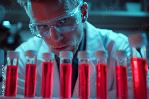 Scientist in laboratory carefully analyzing red liquid in test tubes during a...