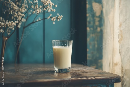Fresh milk in a glass on a wooden table beside a window with dried flowers in...