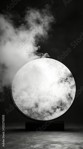 Clouds surround a glowing sphere in a dramatic black and white display during...