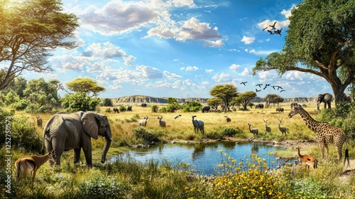 A wide view of a safari with exotic animals like elephants and gazelles grazing near a waterhole. photo