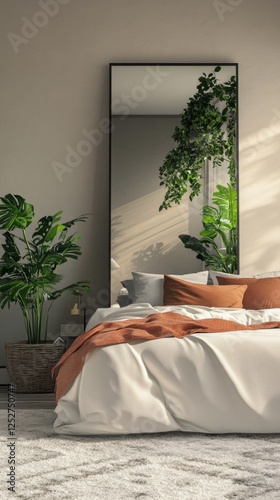 Modern bedroom with large mirror and vibrant greenery in natural sunlight