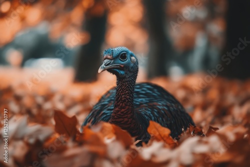 Peacock resting among fallen leaves in an autumn park with warm hues