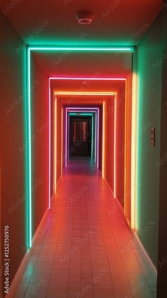 Fototapeta premium Bright neon corridor illuminated with pink and blue lights in a modern building
