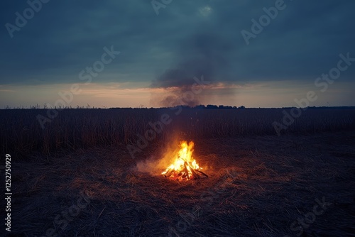 Campfire burning in an open field during dusk with dark clouds overhead