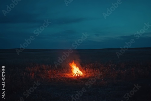 Campfire burning in an open field during dusk with dark clouds overhead