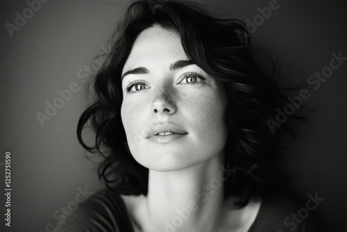 Portrait of a woman with freckles and wavy hair in monochrome