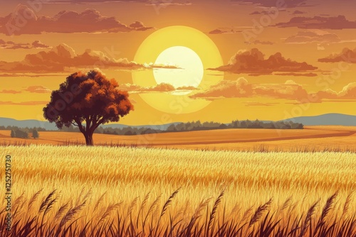 Sunset glow over a lush green lawn in a serene park
