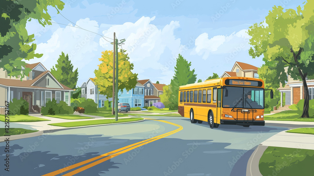 Obraz premium Neighborhood bus stop for tourist travel vector illustration. Public vehicle station on route in village for sightseeing background. Residential suburb landscape, asphalt sidewalk and villa exterior