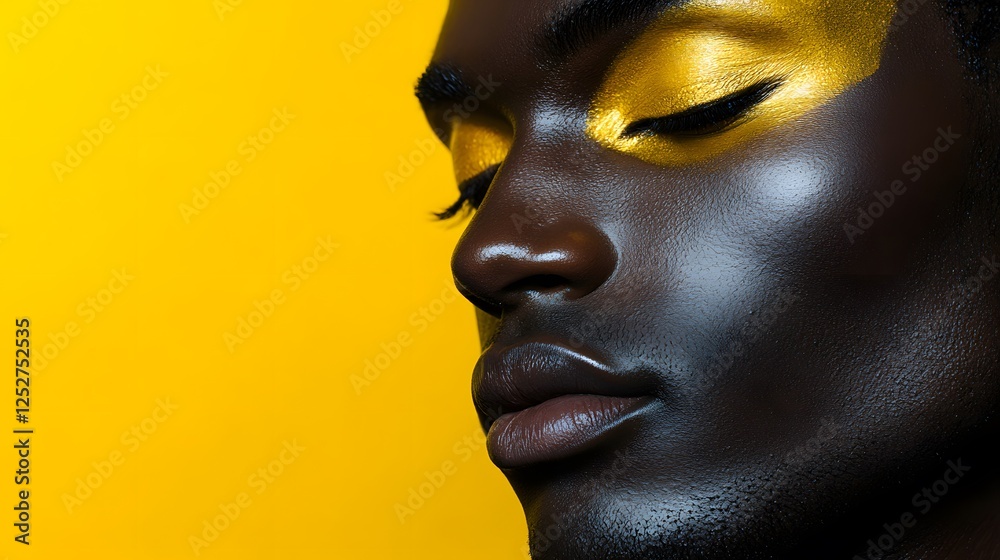 Close-Up of Stylish Model with Bold Yellow Makeup on Vibrant Background Close-Up of Stylish Model with Bold Yellow Makeup on Vibrant Background