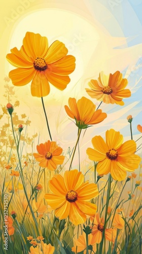 Golden fields of blooming flowers at sunset in a serene landscape