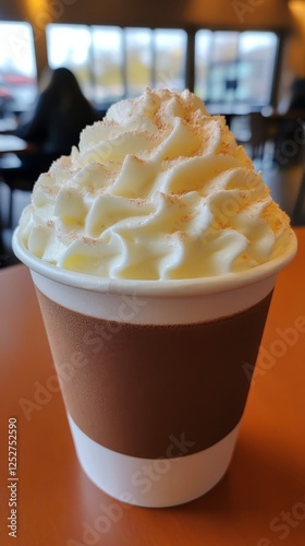 Delightful whipped cream topped beverage in a cozy cafe setting during the af...