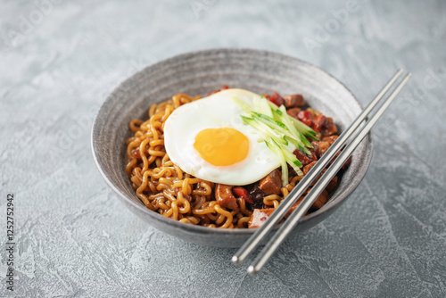 JJajangmyeon. Korean Noodle with Black Sauce and Egg - Korean Food Style. photo