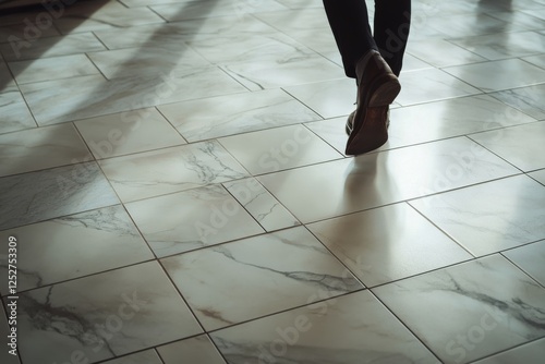 Walking gracefully on patterned tiles in a sunlit indoor space