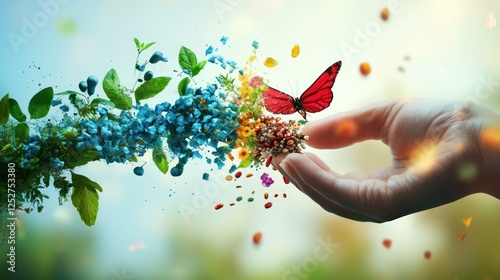 A conceptual image of life science elements merging into one artistic piece.