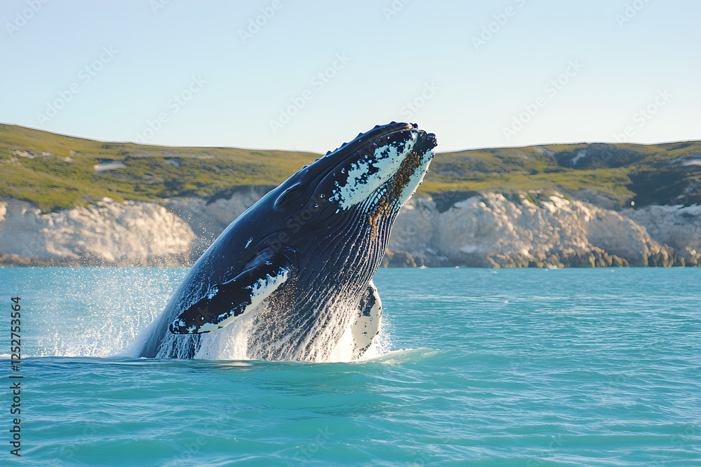 Fototapeta premium Humpback Whale Breaching the Ocean Surface with Coastal Cliffs in the Background.
