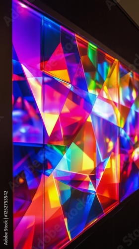 Colorful geometric display showcasing vibrant lights and patterns in a modern...
