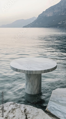 Marble table quietly resting in a serene pond surrounded by autumn foliage
