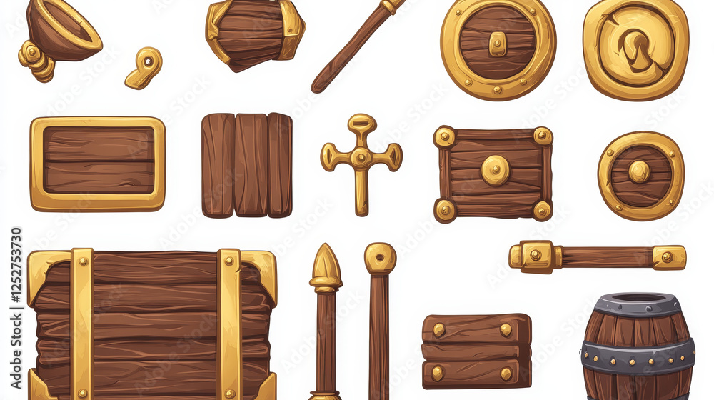 Naklejka premium Game buttons of wooden and gold texture, cartoon menu interface elements, wood boards with golden shining labels, ui gui design slider, arrow, planks and keys, user panel isolated 2d vector icons set
