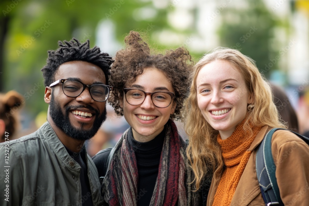 Three friends smiling together in a modern indoor setting during daytime Three friends smiling together in a modern indoor setting during daytime