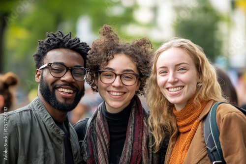 Three friends smiling together in a modern indoor setting during daytime