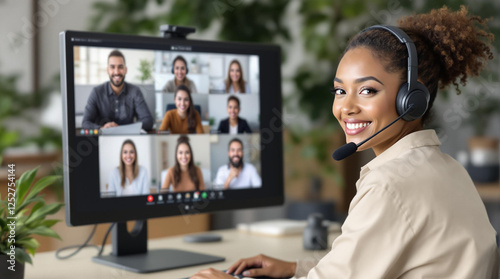 Woman with Headset on Video Conference Call in Modern Office with Natural Light and Plants Ideal for Remote Work or Virtual Meetings Content