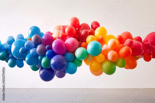 Colorful collection of balloons floating against a light blue background at a...