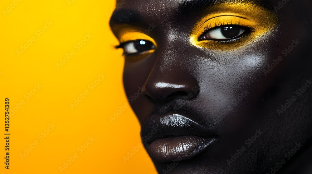 Close-Up Portrait of Person with Bold Yellow Eye Makeup Against Colorful Background Close-Up Portrait of Person with Bold Yellow Eye Makeup Against Colorful Background