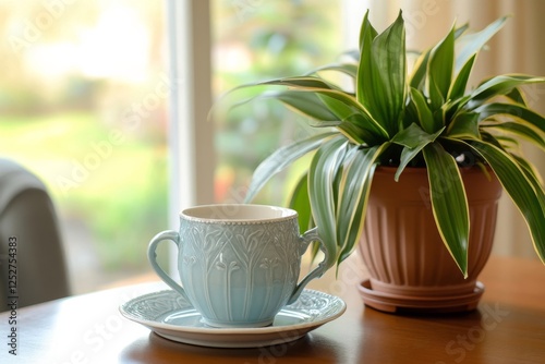 Green cup and saucer beside a potted plant on a wooden table during morning l...