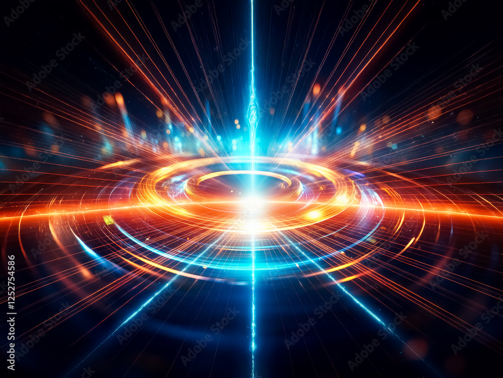 Fototapeta premium Glowing concentric circles of blue and orange light radiate outwards in a dark, futuristic setting. Sparkling particles emanate from the central point, creating a sense of energy and movement.