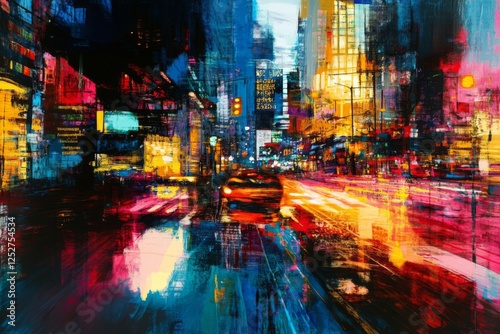 Night cityscape with vibrant lights reflecting on a wet street
