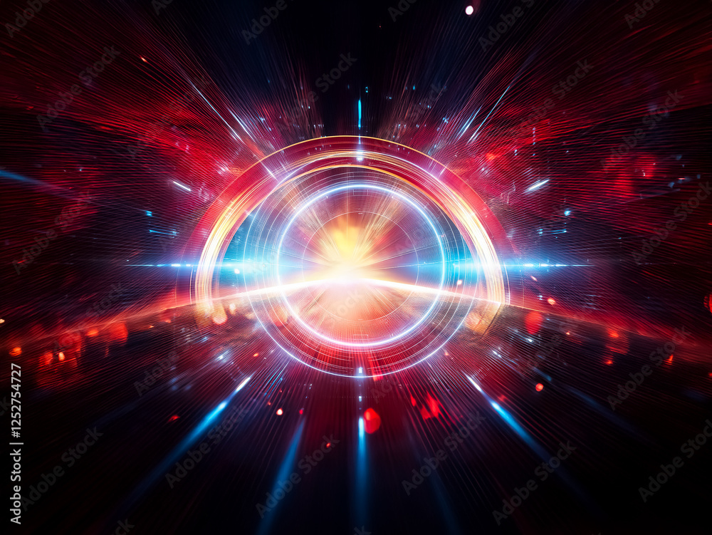 Fototapeta premium Glowing blue circle, futuristic technology, digital energy radiating outwards, dark background, abstract design. Speed, light, motion implied.