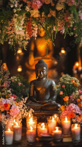 Serenity and peace captured in a tranquil Buddha setting surrounded by flower...