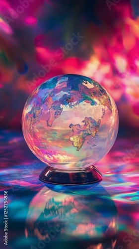 Colorful globe illustration with vibrant waves in the background during a dig...