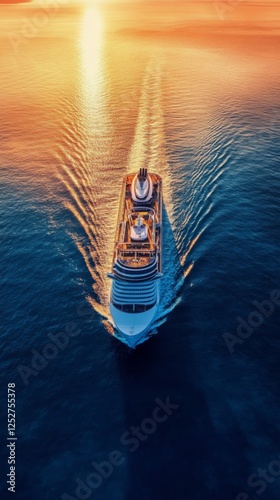 Cruise ship sailing through serene waters at sunset in a coastal landscape