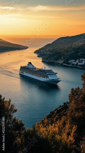 Cruise ship sailing through serene waters at sunset in a coastal landscape