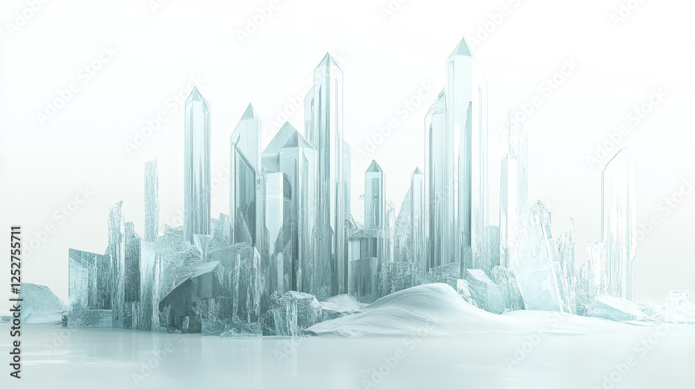 Fototapeta premium Future city, futuristic buildings with glass facade and unusual shapes isolated on white background. Modern style architecture towers and skyscrapers. Alien urban cityscape design, Cartoon vector set