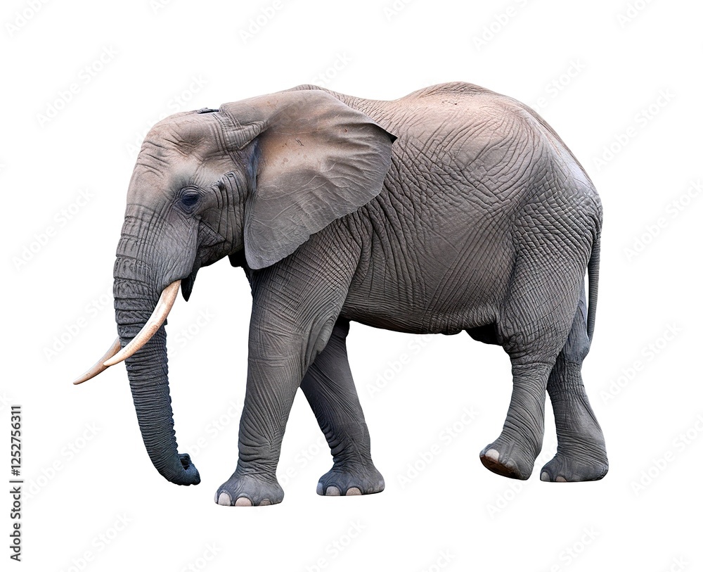 Fototapeta premium A large elephant with tusks walks across a white background