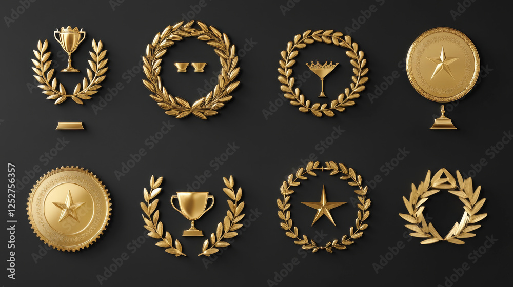 Golden awards set isolated on black background. Vector realistic illustration of laurel wreath and gold ribbon, royal crown on podium, star in frame, game winner, sports champion, best movie prize