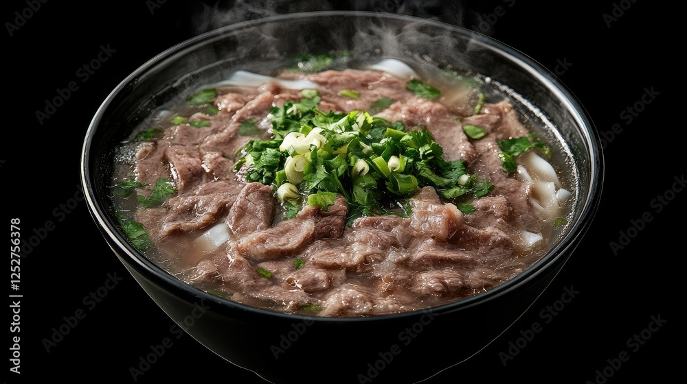 A steaming bowl of Vietnamese pho with fresh herbs, thinly sliced beef, and rice noodles in a clear broth A steaming bowl of Vietnamese pho with fresh herbs, thinly sliced beef, and rice noodles in a clear broth