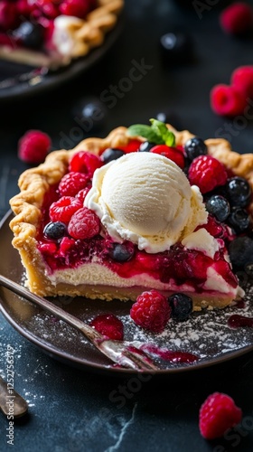 Delicious raspberry tart with ice cream served on a plate in a cozy restauran...