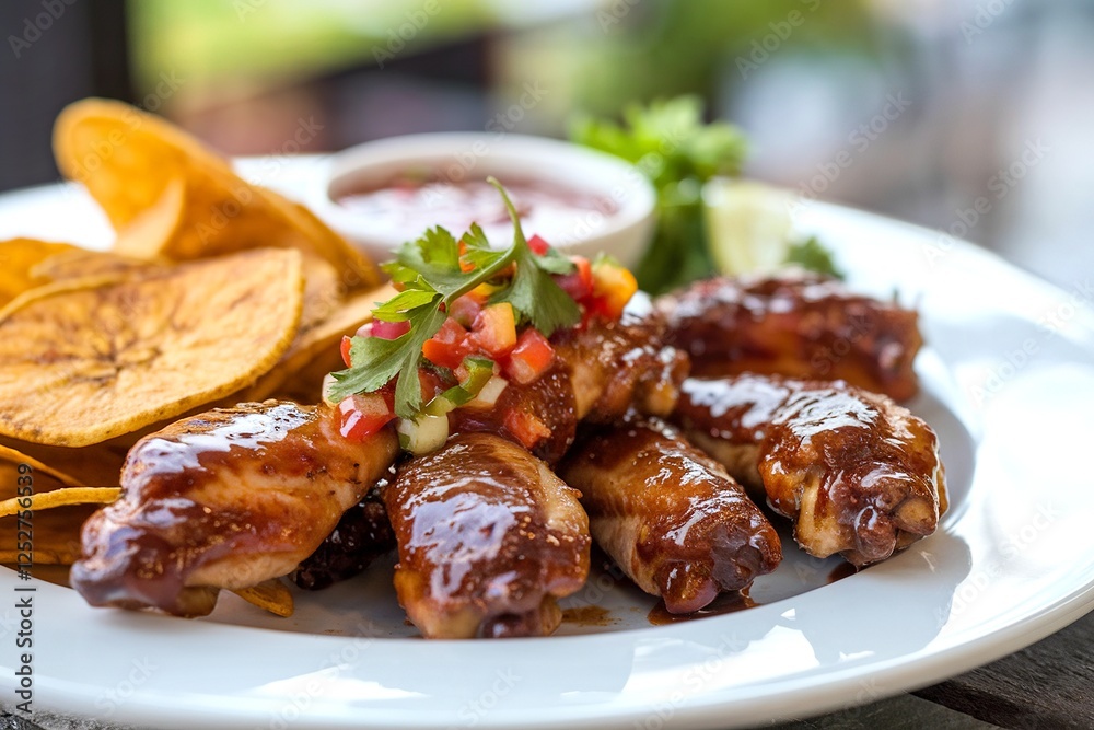 A plate of chicken wings with a side of chips and a dipping sauce A plate of chicken wings with a side of chips and a dipping sauce