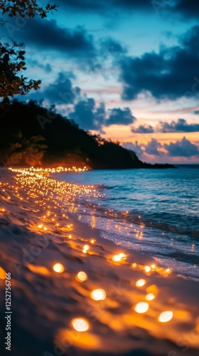 Cozy beachside evening with twinkling lights and gentle waves at a tropical l...