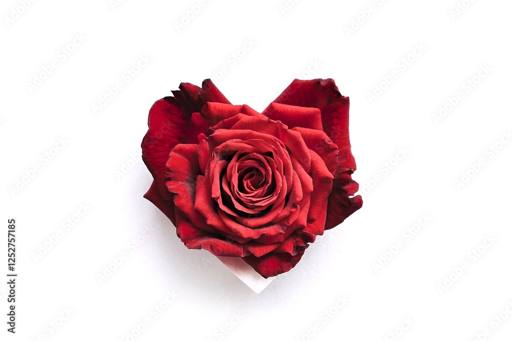 A red rose is cut in half and placed in the center of a white background A red rose is cut in half and placed in the center of a white background