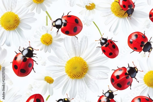 Bright red ladybugs among white daisies on a light background