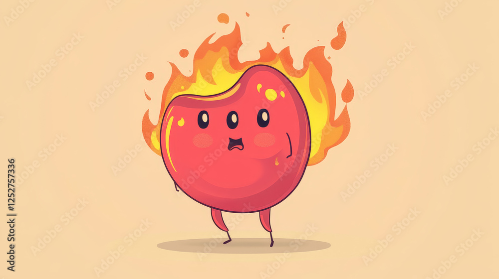 Fototapeta premium Cartoon stomach character burning in fire. Acid reflux, heartburn and gastritis concept with indigestion system abdomen pain problems. Cute unhealthy mascot suffer of stomachache, Vector illustration