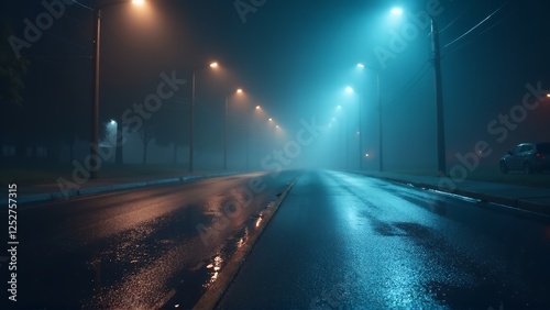 A moody and atmospheric night scene of a wet, foggy street illuminated by streetlights. The road is slick with rain, reflecting the soft glow of the lights and creating a serene yet mysterious ambianc photo